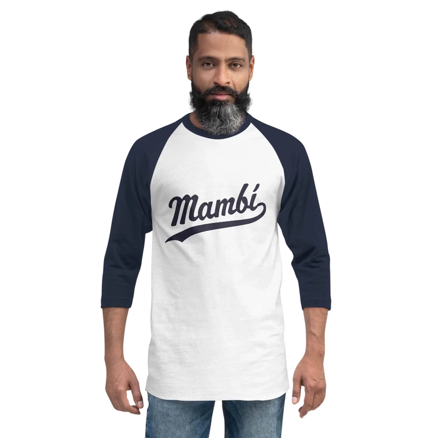 A man with a beard wears a white and navy raglan shirt featuring the word Mambí in script across the chest. He stands facing forward against a plain white background.