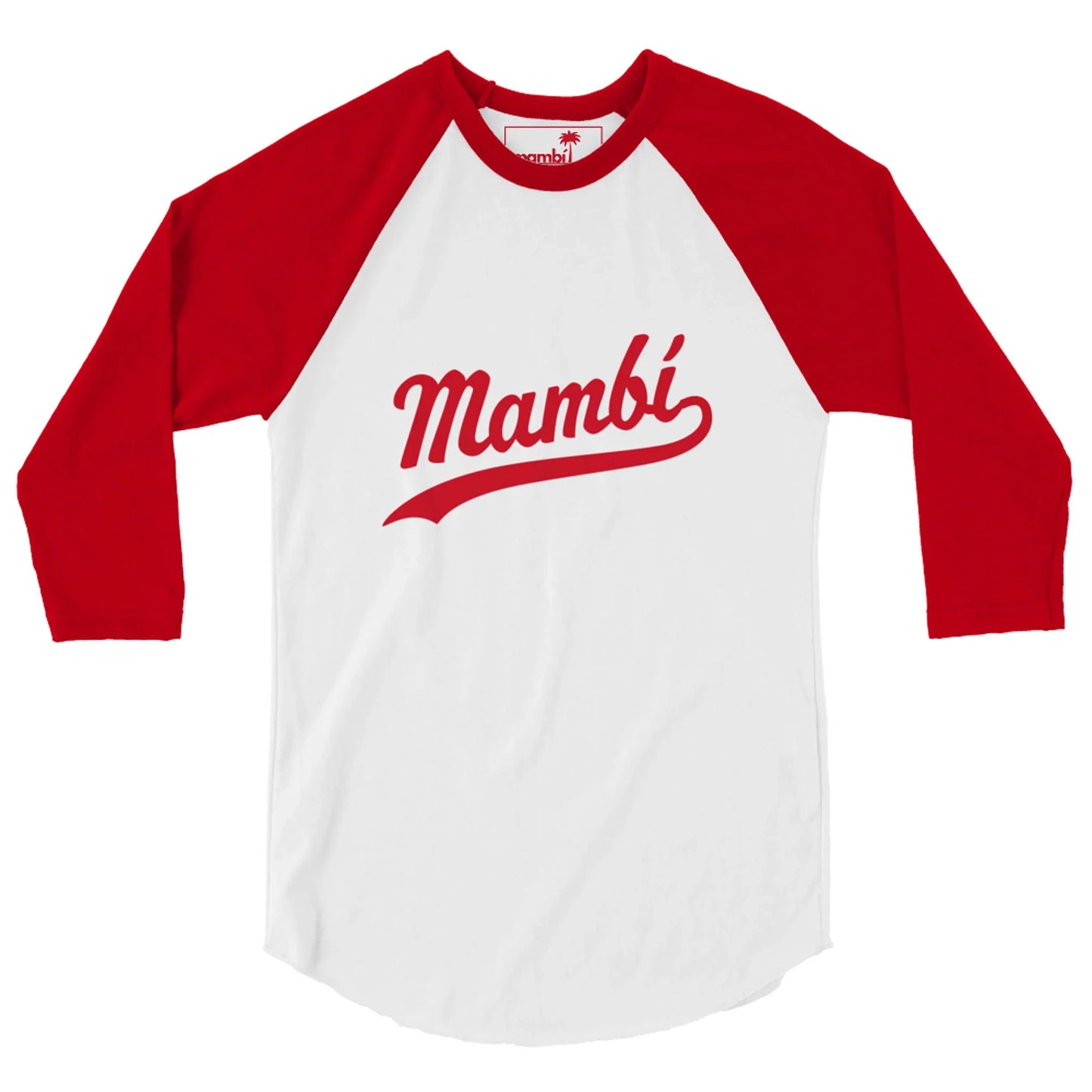 A white baseball-style shirt with red three-quarter-length sleeves features the word Mambí in bold red script across the chest.