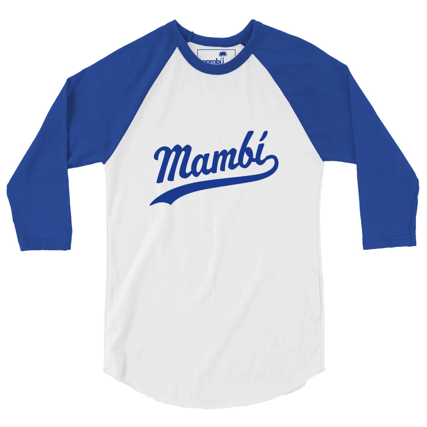 A white and blue raglan baseball shirt featuring Mambí in bold blue script across the chest.
