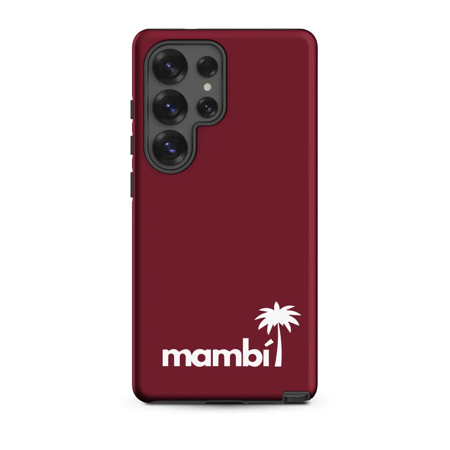 Burgundy Mambi Galaxy S25 Ultra case with white palm tree logo on the back