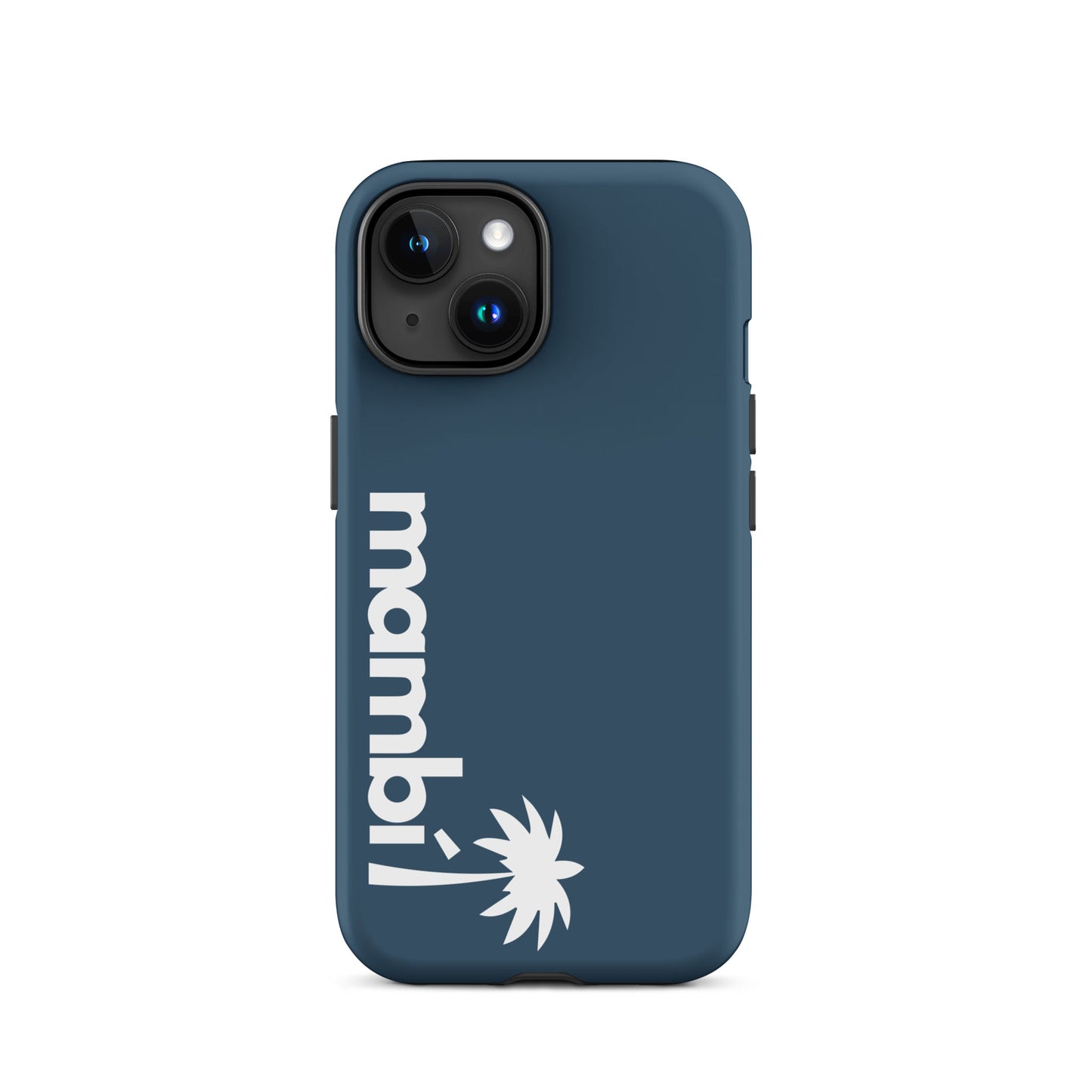 An Arapawa iPhone heavy-duty case with a white palm tree graphic and mambi! printed vertically on the left side, offering shock absorption for extra protection.