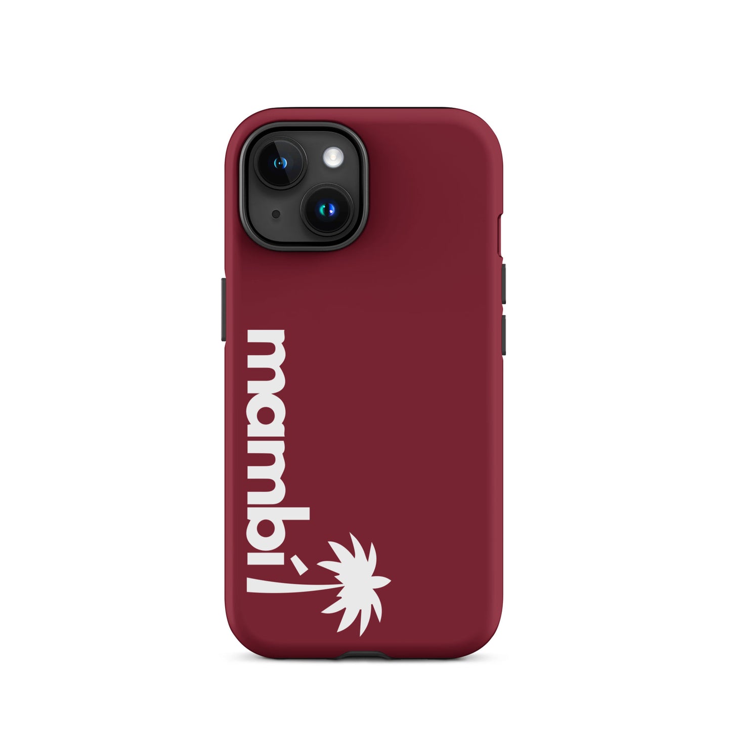 A burgundy iPhone heavy-duty case featuring mambi! and a white palm tree graphic printed vertically on the left, combining style with extra shock absorption.