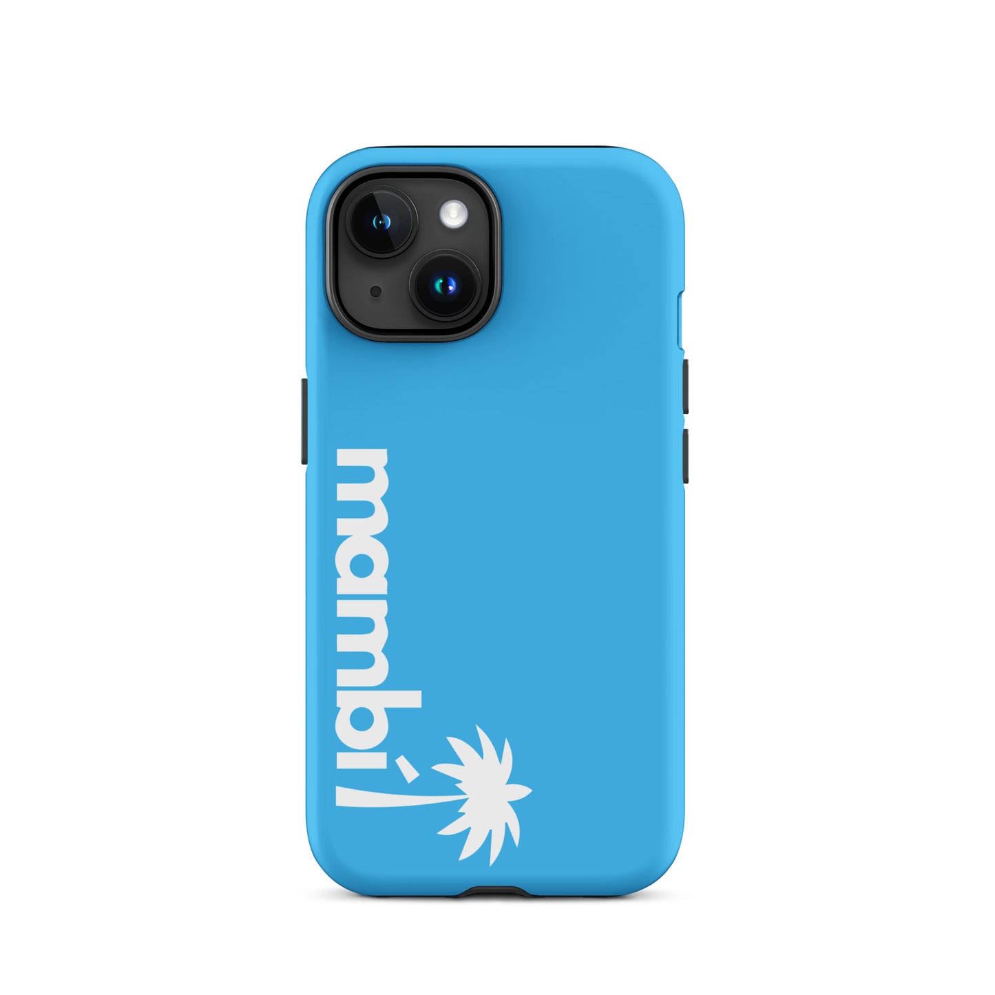 A Deep Sky Blue iPhone heavy-duty case with mambi in white lowercase letters and a white palm tree graphic printed vertically along the left side, offering stylish protection and shock absorption.