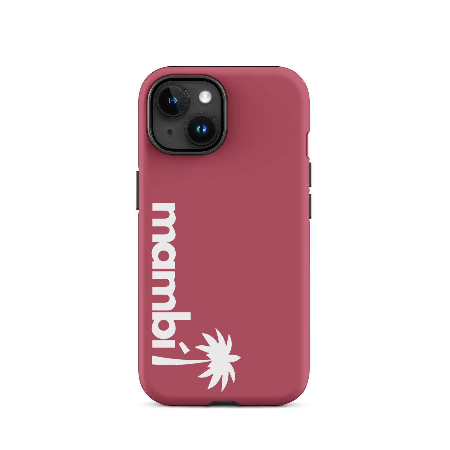 A Hipster Pink dual-layer phone case with mambi! and a white stylized palm tree, designed for phones with dual cameras, offers extra style and shock absorption.