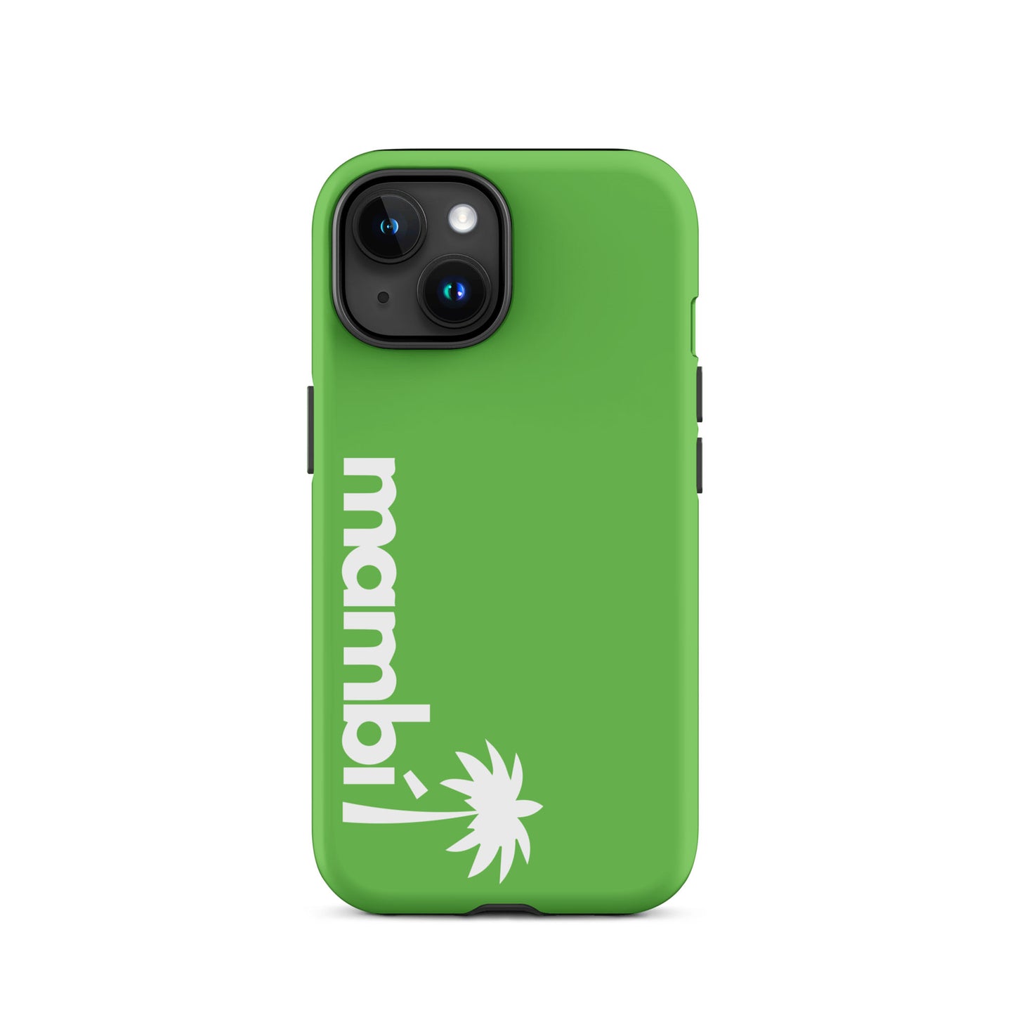 A Kelly Green iPhone heavy-duty case with mambi! and a white palm tree graphic printed vertically, designed for shock absorption and standout style.