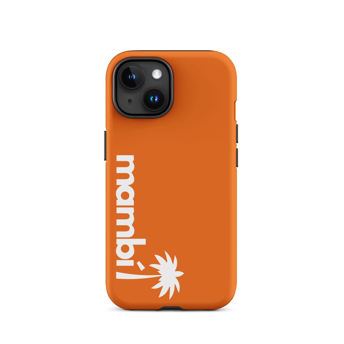 A Mango Tango dual-layer phone case with a white stylized palm tree and mambi! printed vertically in bold letters, providing extra shock absorption for your iPhone.