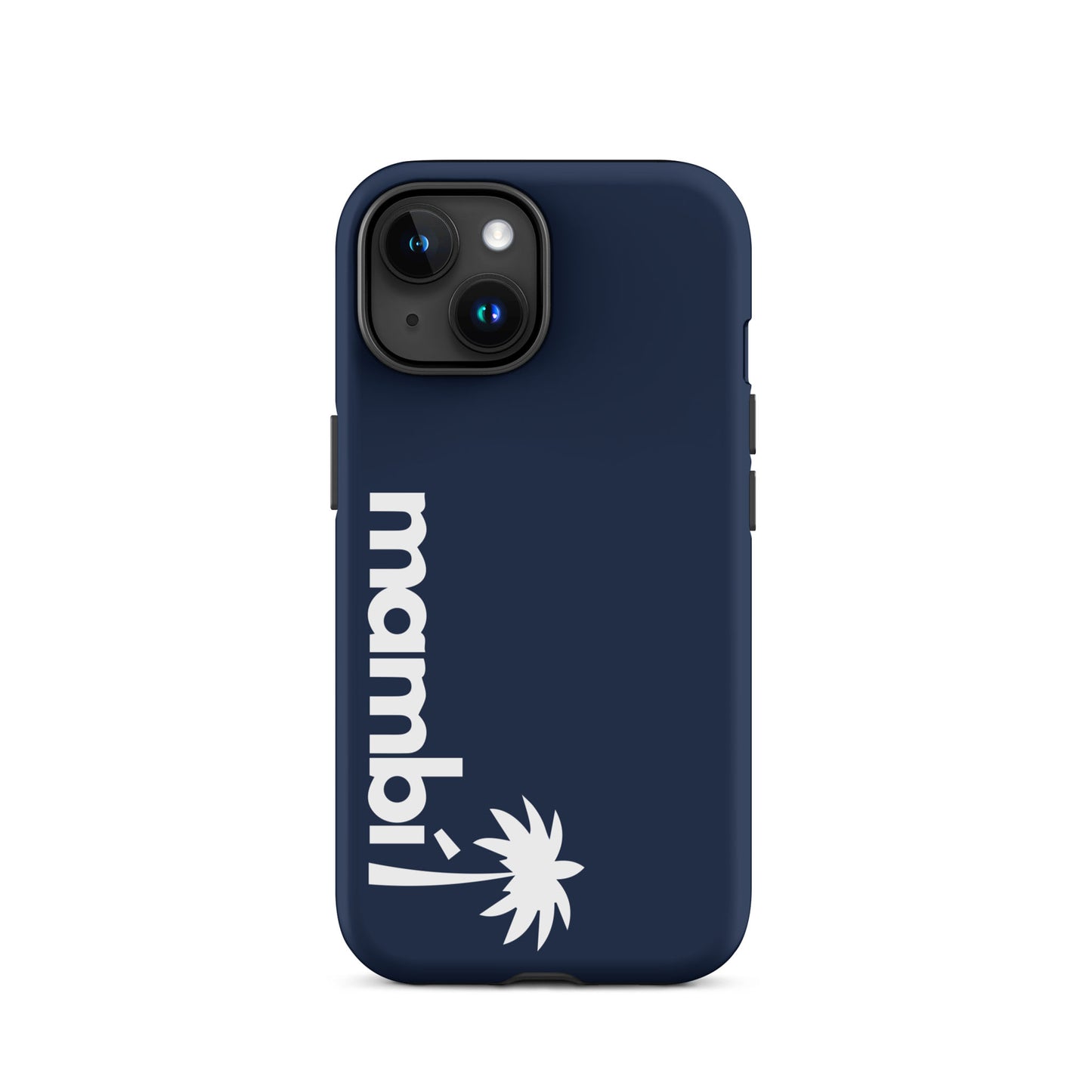 A navy iPhone heavy-duty case with mambi! printed vertically in white and a stylized palm tree graphic below, offering stylish protection and shock absorption.