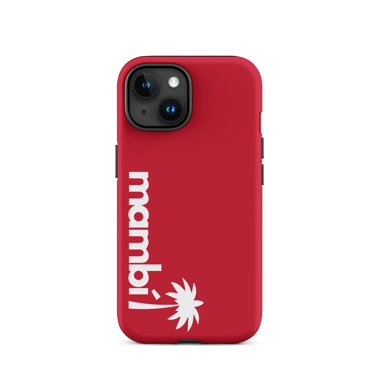 A red iPhone case with mambi! in bold white text and a stylized palm tree below, vertically aligned on the right. The camera cutout at the top provides style and dependable protection.