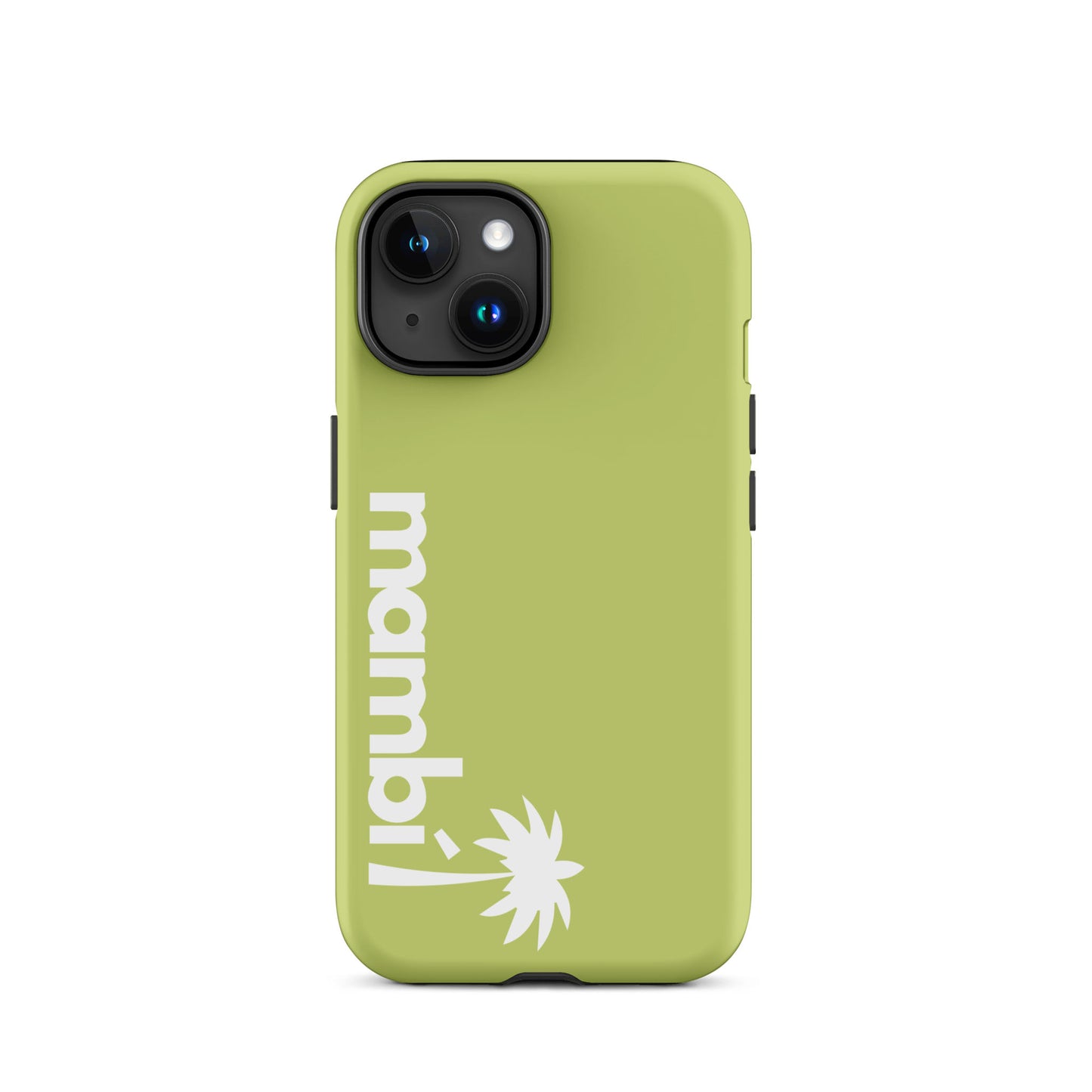 A Wild Willow dual-layer case with mambi! and a white palm tree graphic printed vertically near the bottom. Designed for dual-camera phones, it provides shock absorption.