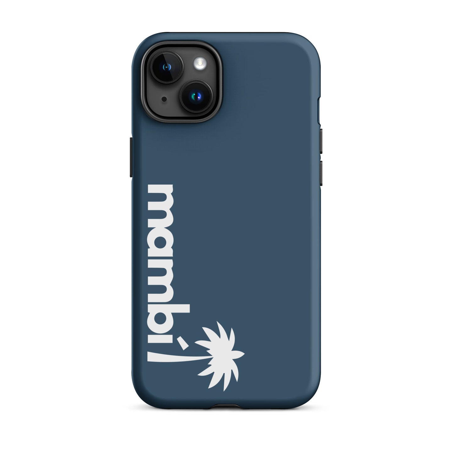 An Arapawa dual-layer case for iPhone with mambi! and a white palm tree graphic printed vertically along the left side. The top-left camera cutout ensures both style and dependable shock absorption.