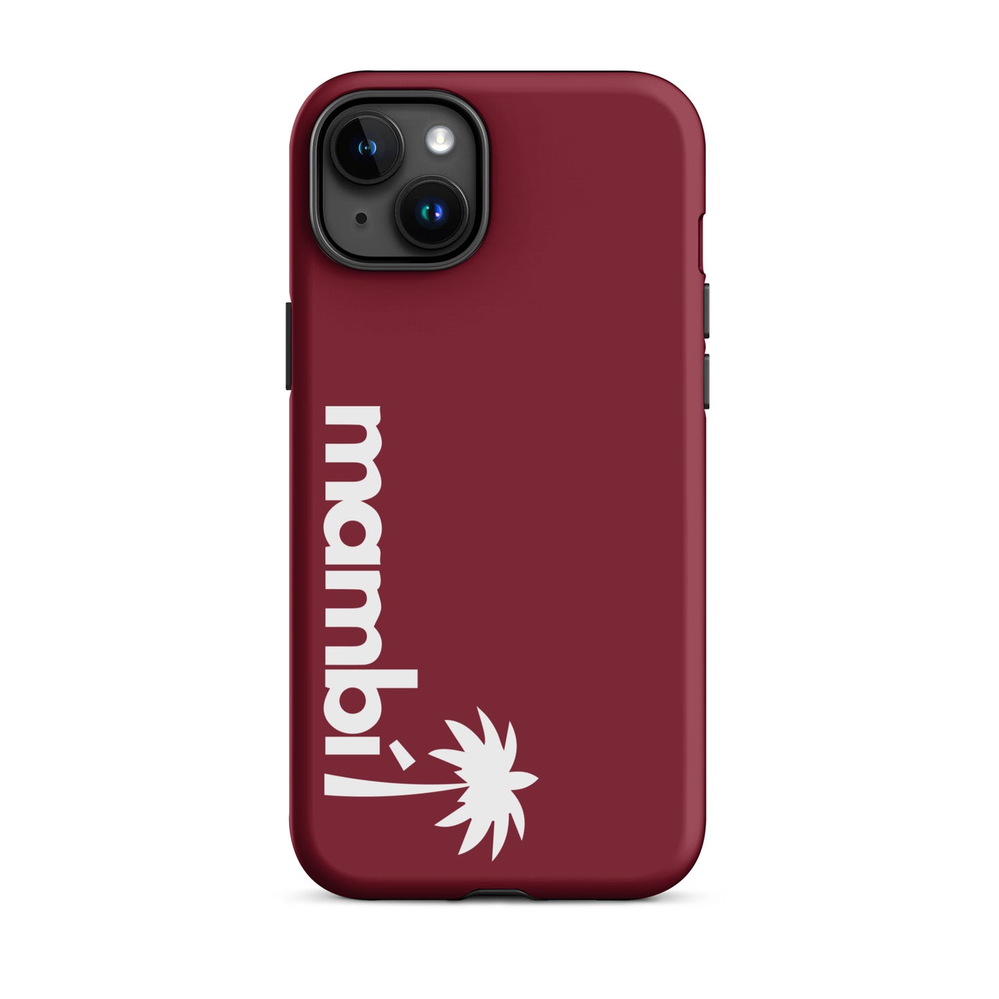 A burgundy dual-layer case features Mambú and a stylized white palm tree printed vertically near the camera, providing stylish protection and extra shock absorption for your device.