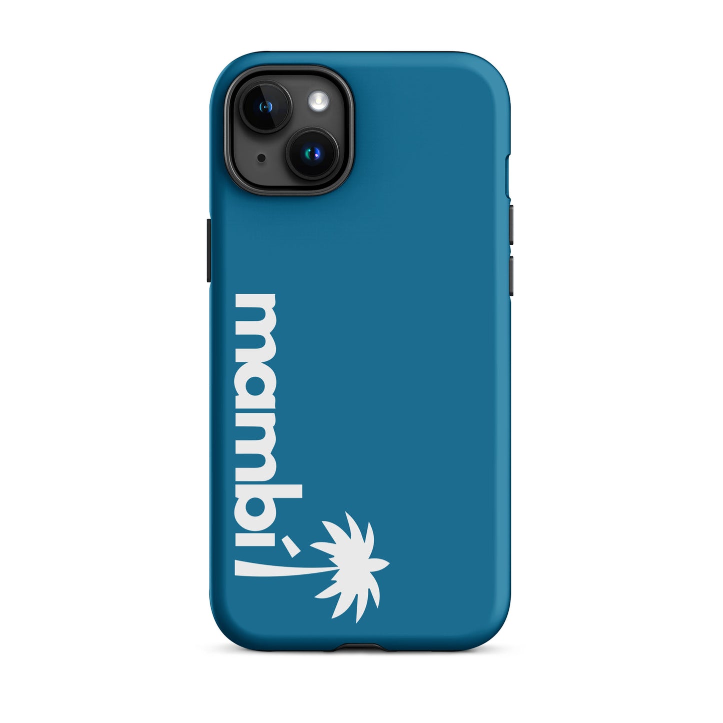 A cerulean iPhone heavy-duty case with a white stylized palm tree and bold Mambi! lettering, featuring dual-layer protection for enhanced shock absorption.