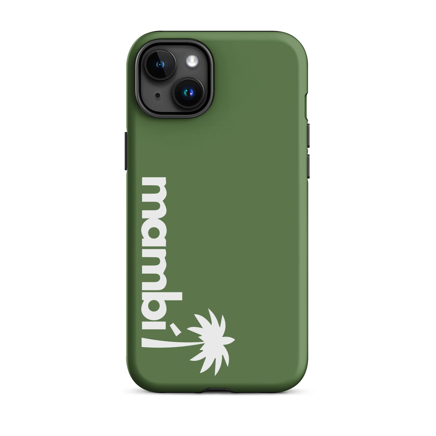 A fern green iPhone heavy-duty case with mambí! printed vertically in white and a stylized white palm tree below. Dual-layer shock absorption. Fits iPhones with dual rear cameras in the top left corner.