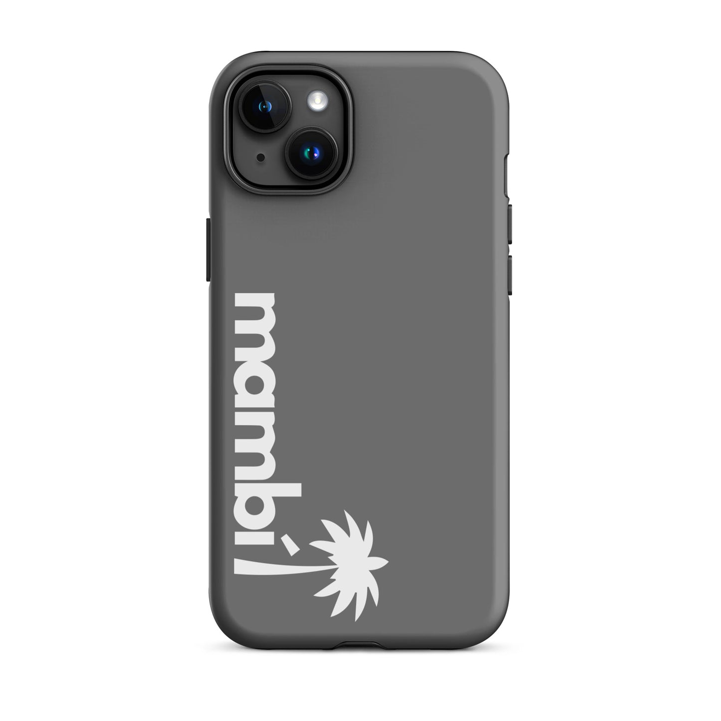 A grey dual-layer iPhone case features bold white mambi! text and a vertical palm tree graphic along the side, providing enhanced shock absorption.