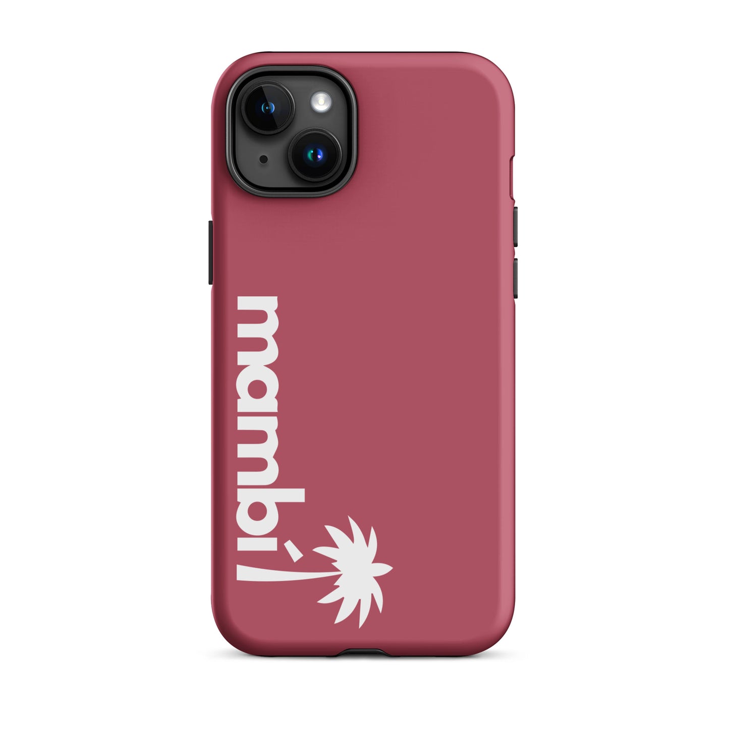 A Hipster Pink dual-layer phone case with Mambi! in bold white letters and a white palm tree graphic, both vertically aligned on the left side, for enhanced shock absorption.