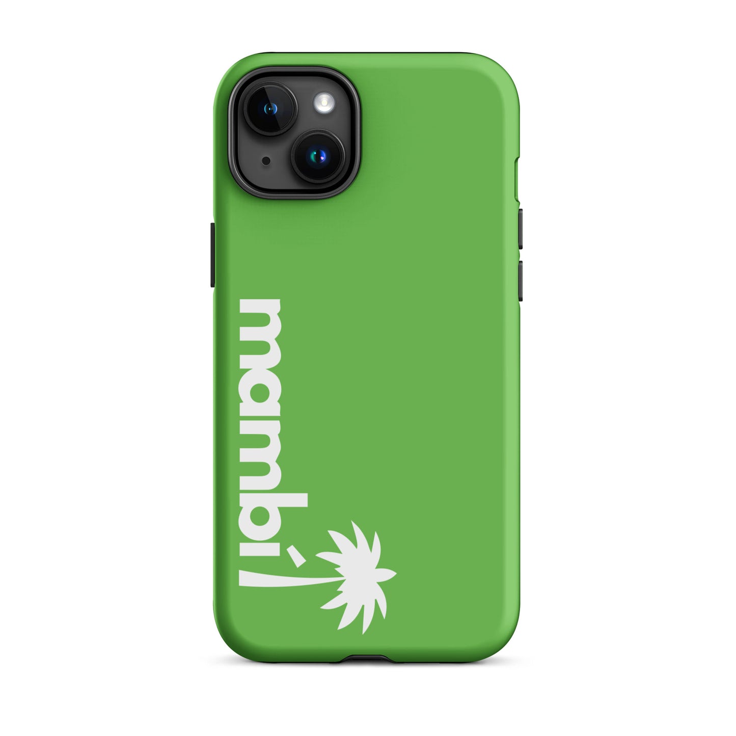 A Kelly Green dual-layer heavy-duty iPhone case featuring white mambí! text and a stylized palm tree graphic vertically along the left side for added shock absorption.