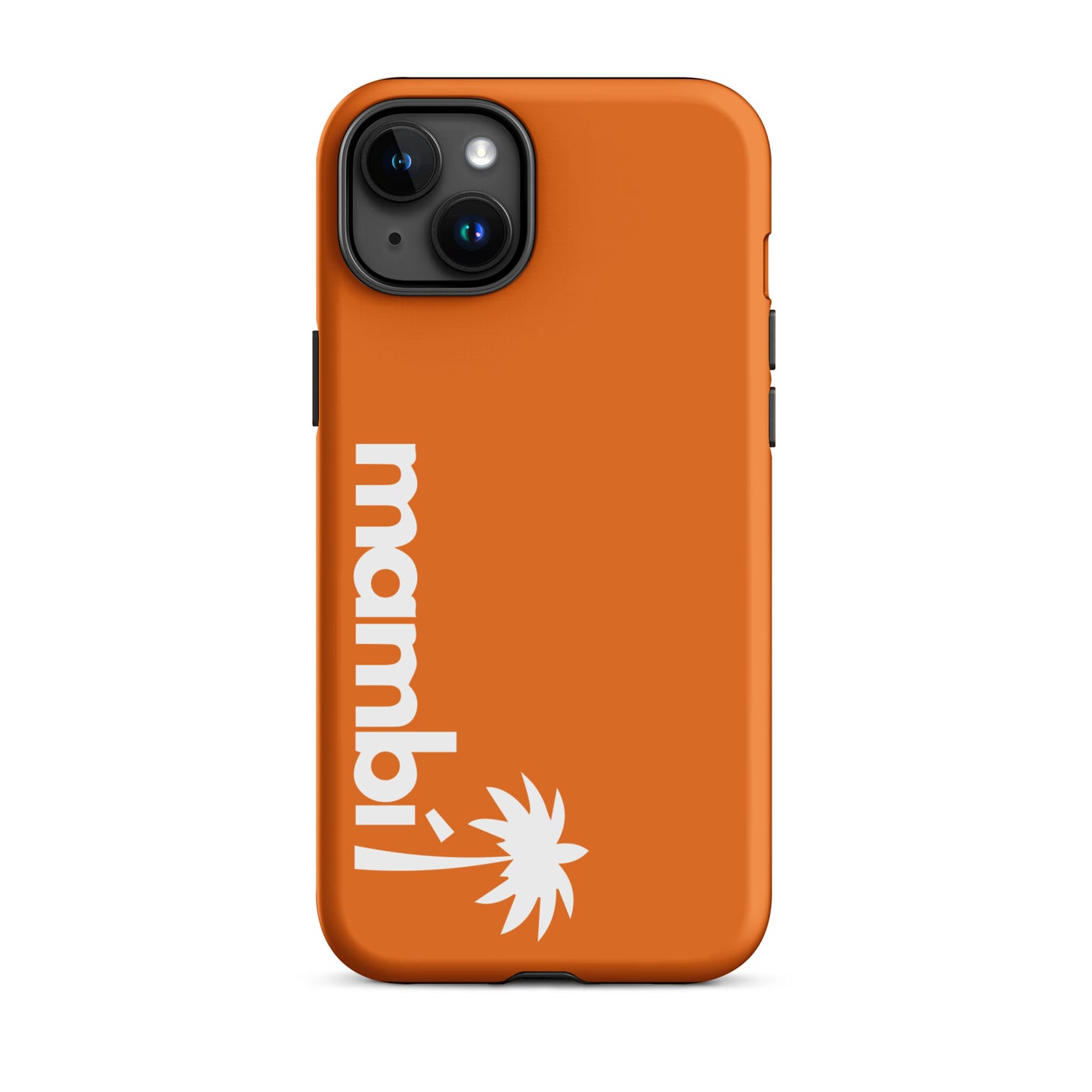 A Mango Tango dual-layer phone case with mambi! and a white palm tree printed vertically on the back, offering stylish shock-absorbing protection for your iPhone.