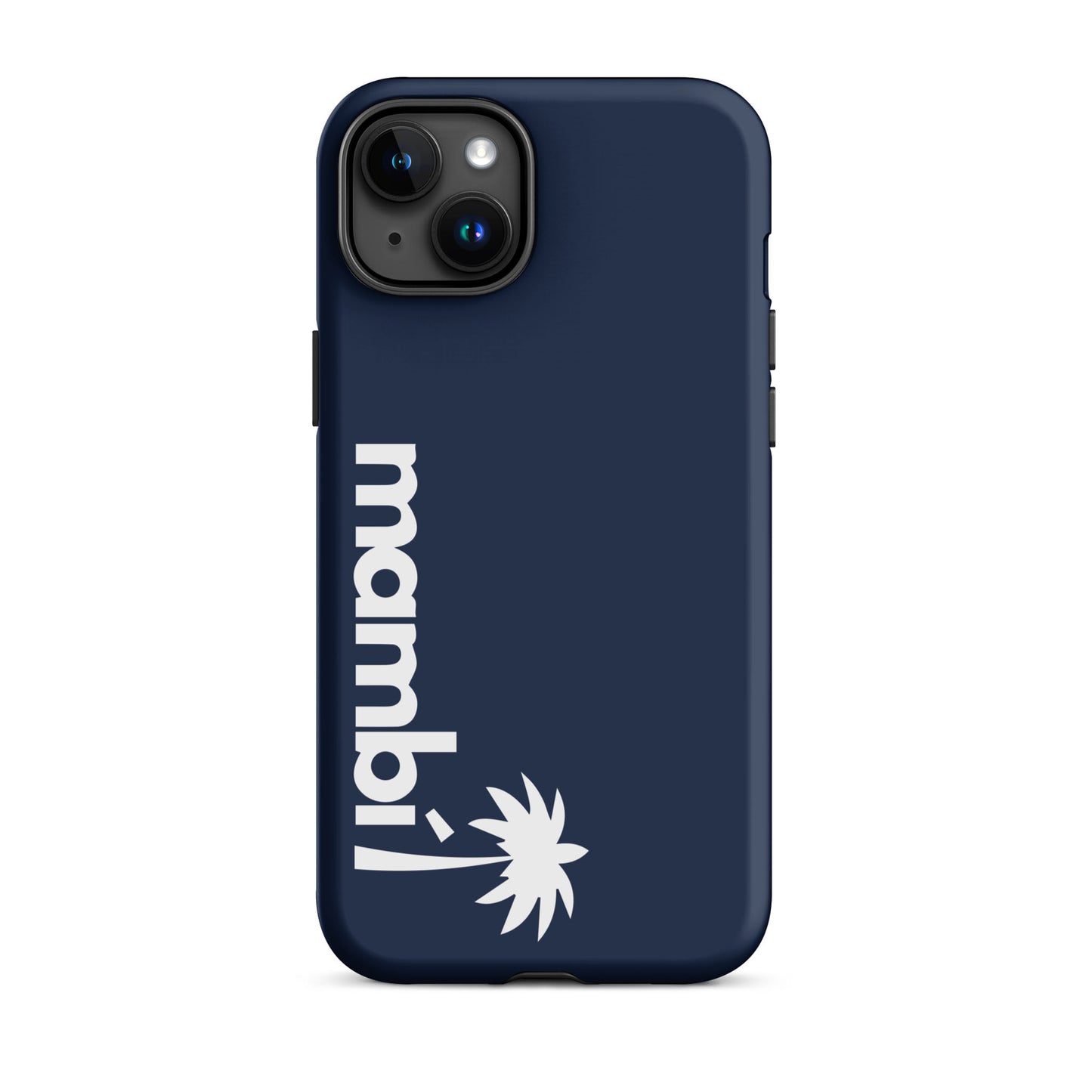A navy dual-layer case features mambo! in vertical white letters with a white palm tree graphic below, providing stylish shock absorption for your phone.