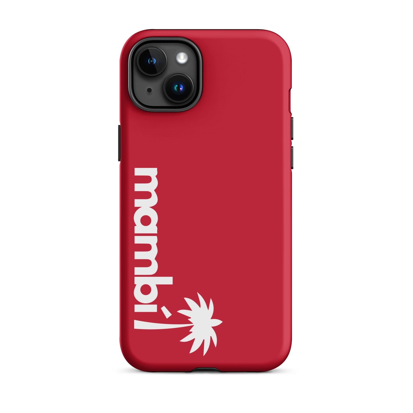 A red, heavy-duty iPhone case with mambi! in bold white letters printed vertically and a white palm tree graphic below. Designed for shock absorption and extra protection.