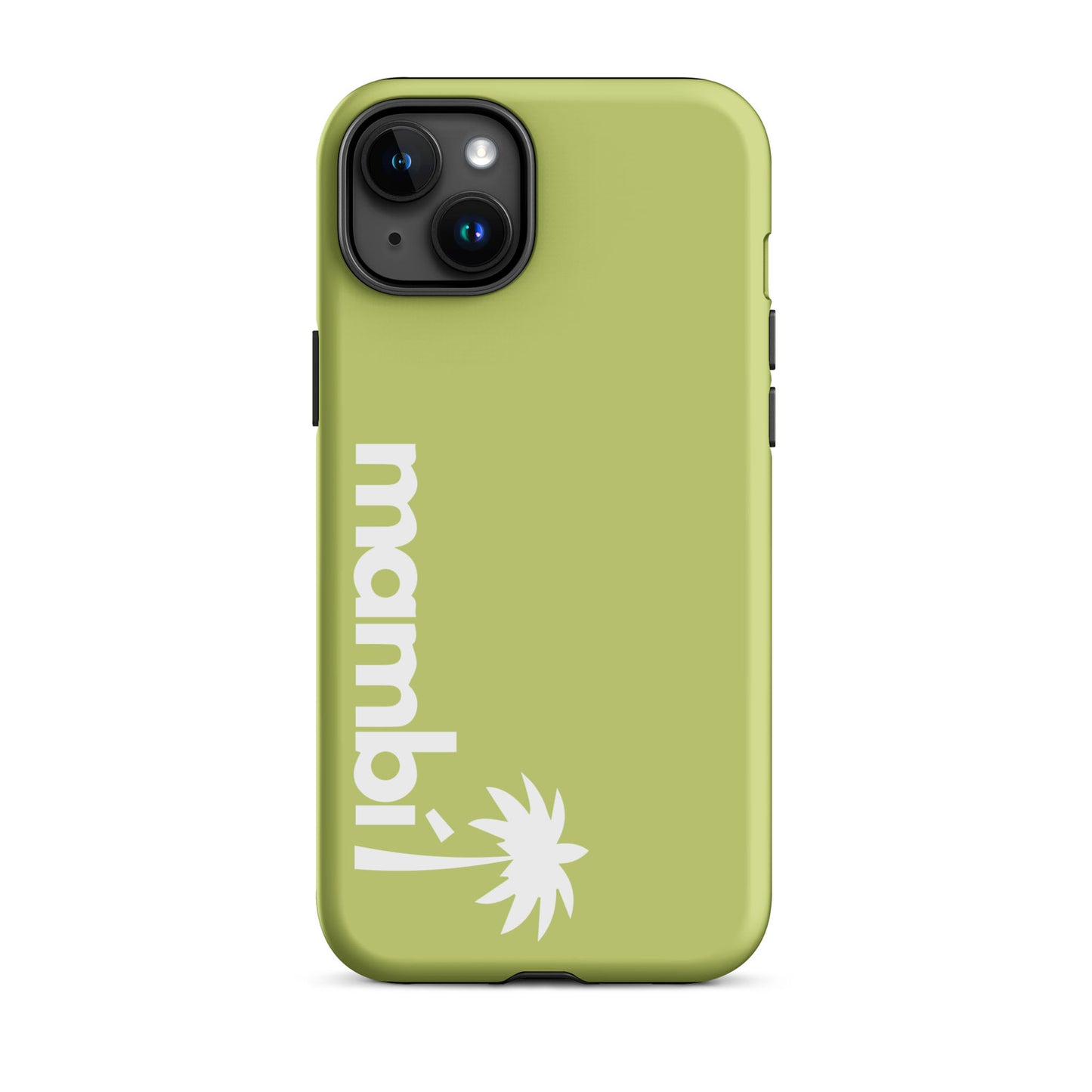 An iPhone in a Wild Willow dual-layer case with mambí and a white palm tree graphic printed vertically near the bottom, providing added shock absorption.