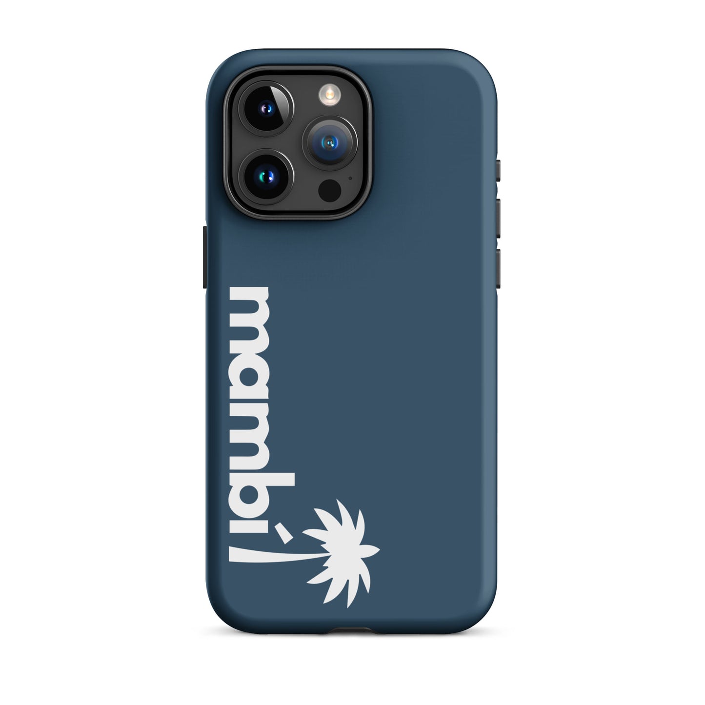 An Arapawa dual-layer case with mambi! and a white palm tree graphic printed vertically on the back, designed for triple-camera smartphones and featuring built-in shock absorption.
