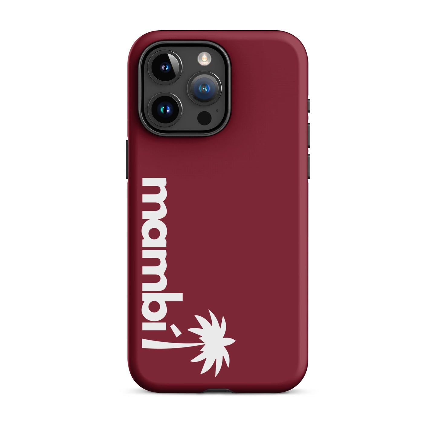 A burgundy iPhone heavy-duty case features mambi! and a white palm tree graphic, printed vertically on the back below the camera.