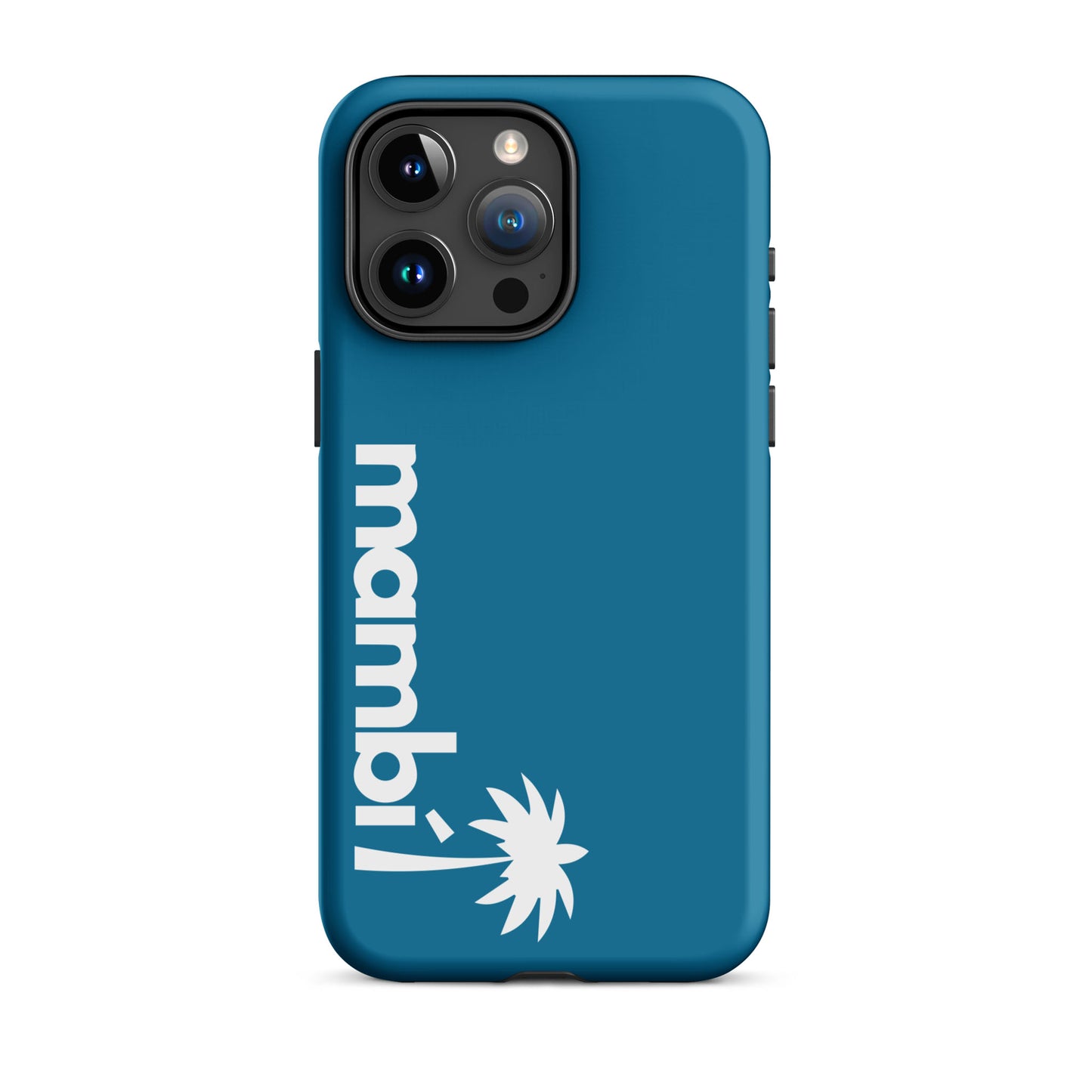 A cerulean dual-layer iPhone case with mămăi! in white vertical text and a stylized white palm tree below, designed for style and shock absorption.