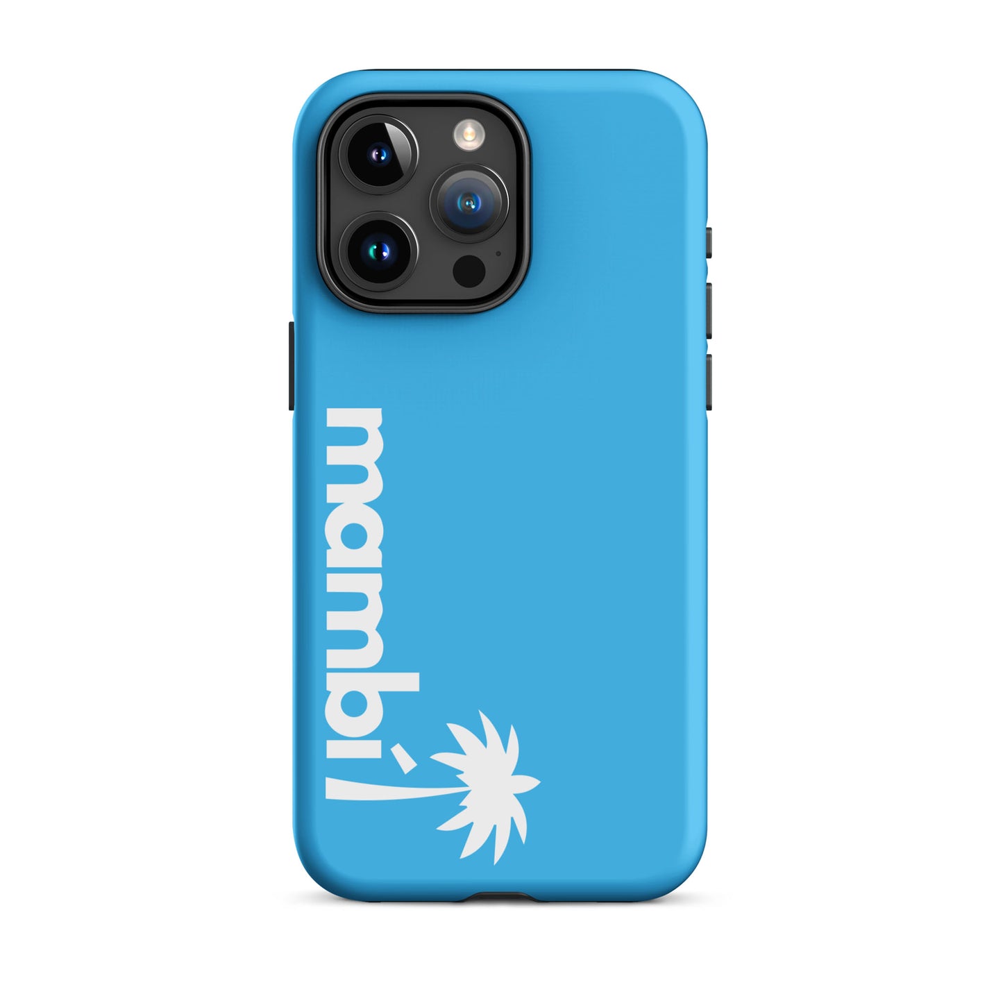 A Deep Sky Blue iPhone heavy-duty case with mambi! and a stylized white palm tree graphic printed vertically on the back, combining style and protection.