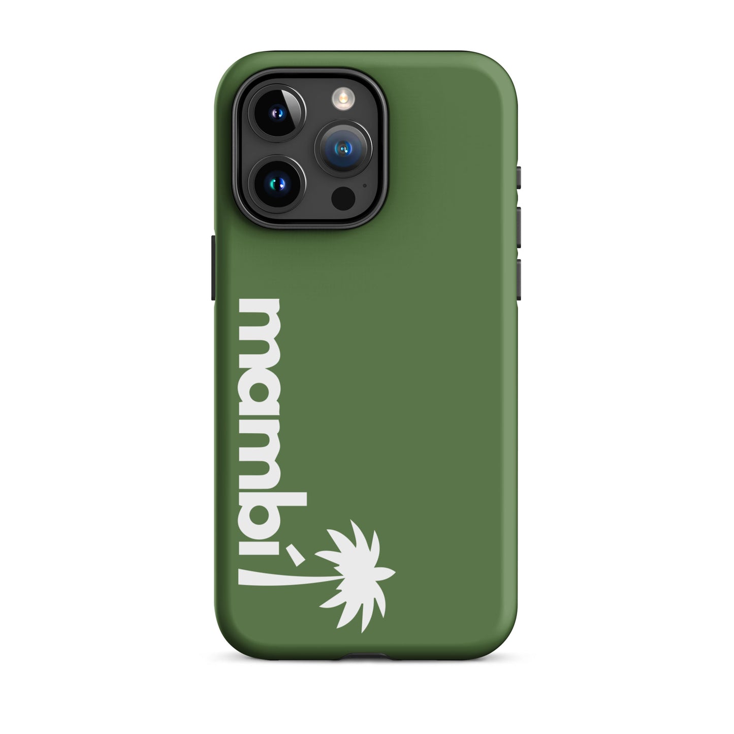 A Fern Green dual-layer phone case with mambi! in bold white letters and a vertical white palm tree graphic below, combining style and shock absorption.
