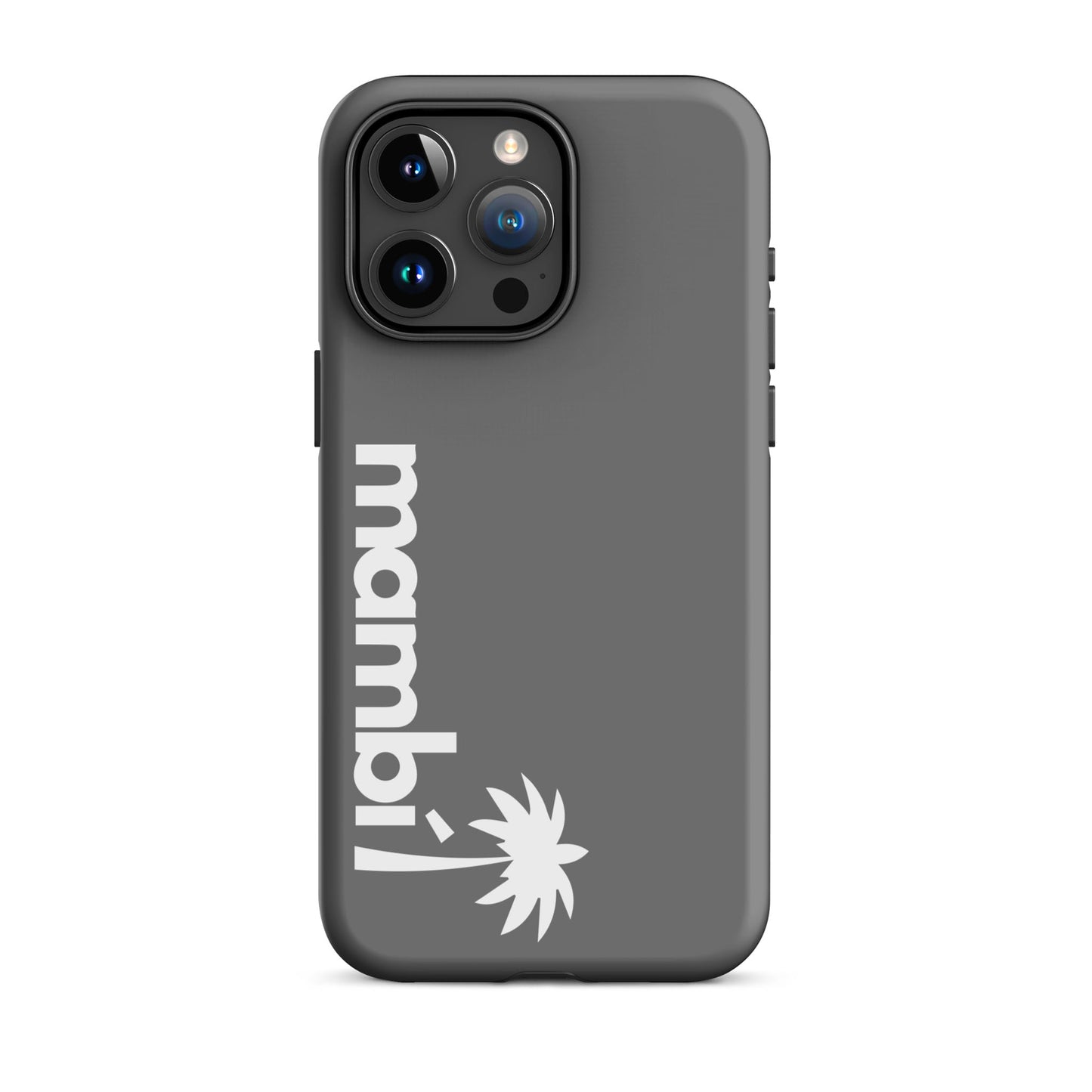 A grey dual-layer phone case with mambi! and a white palm tree graphic printed vertically offers shock absorption. Designed for iPhones with three camera lenses in the upper left corner.