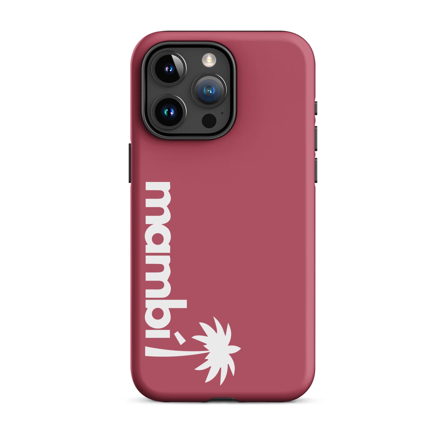 A hipster pink dual-layer phone case with mambi! and a white palm tree graphic printed vertically near the bottom, designed for iPhones with three camera lenses.