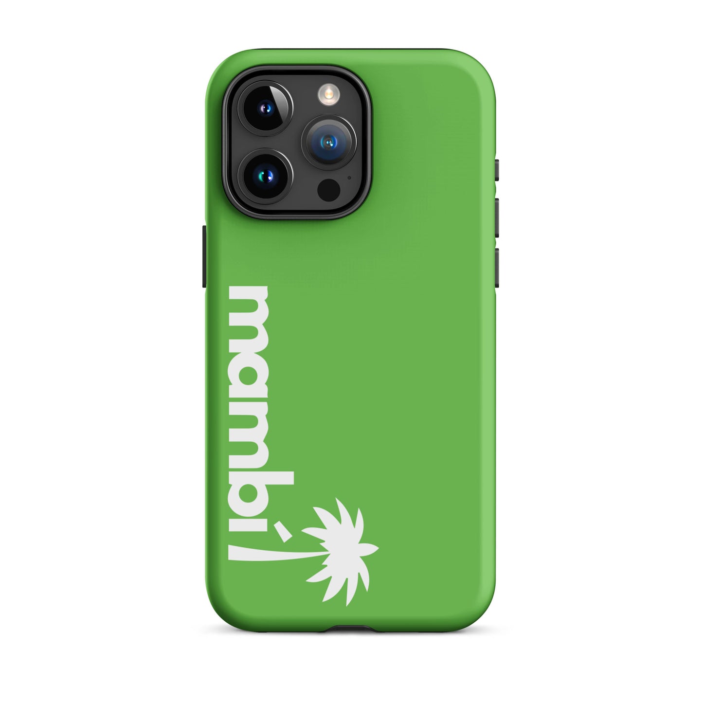 A Kelly Green iPhone heavy-duty case with mambi! and a white palm tree graphic printed vertically on the back, providing stylish shock absorption and reliable protection.