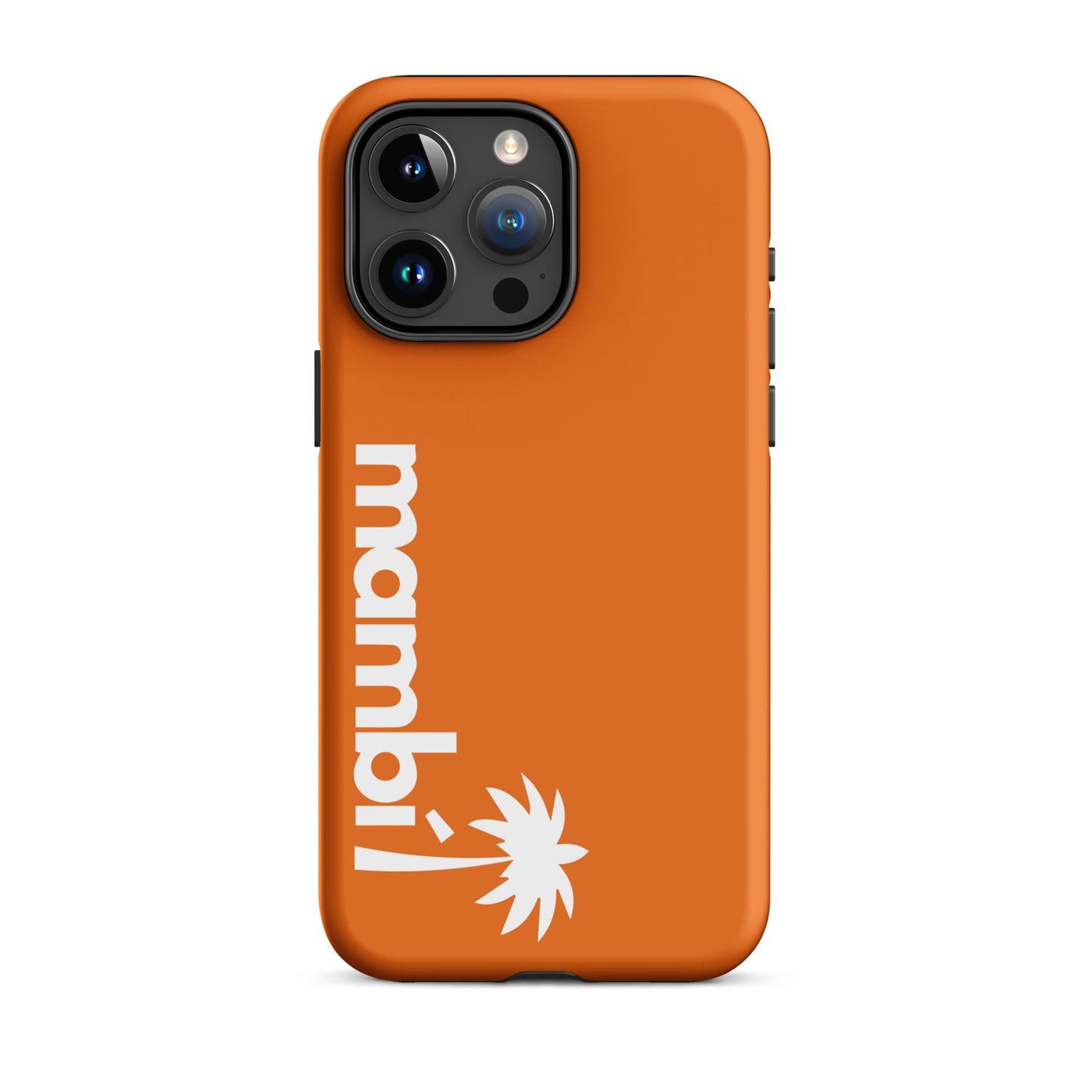 A Mango Tango dual-layer iPhone case featuring “¡mamibi!” in white, rotated vertically, with a stylized white palm tree below—delivering bold style and dependable shock absorption.