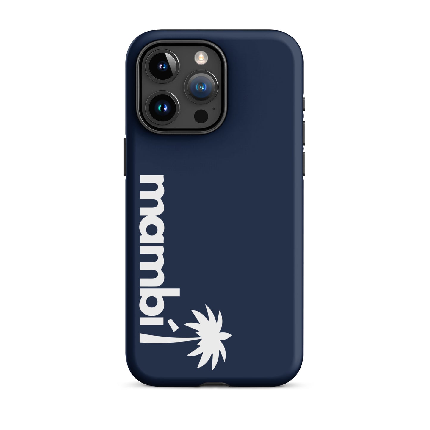 A navy iPhone heavy-duty case featuring mambi! and a white palm tree graphic printed vertically near the bottom. The camera lenses are exposed at the top, providing stylish, reliable protection.