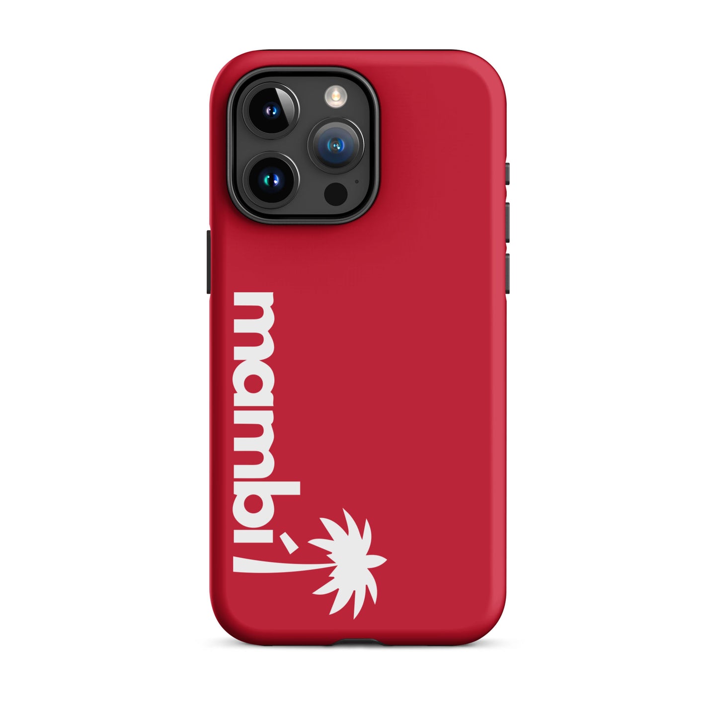 Red dual-layer iPhone case with mambi! in bold white vertical letters and a stylized palm tree graphic below. Combines stylish design with shock-absorbing protection.