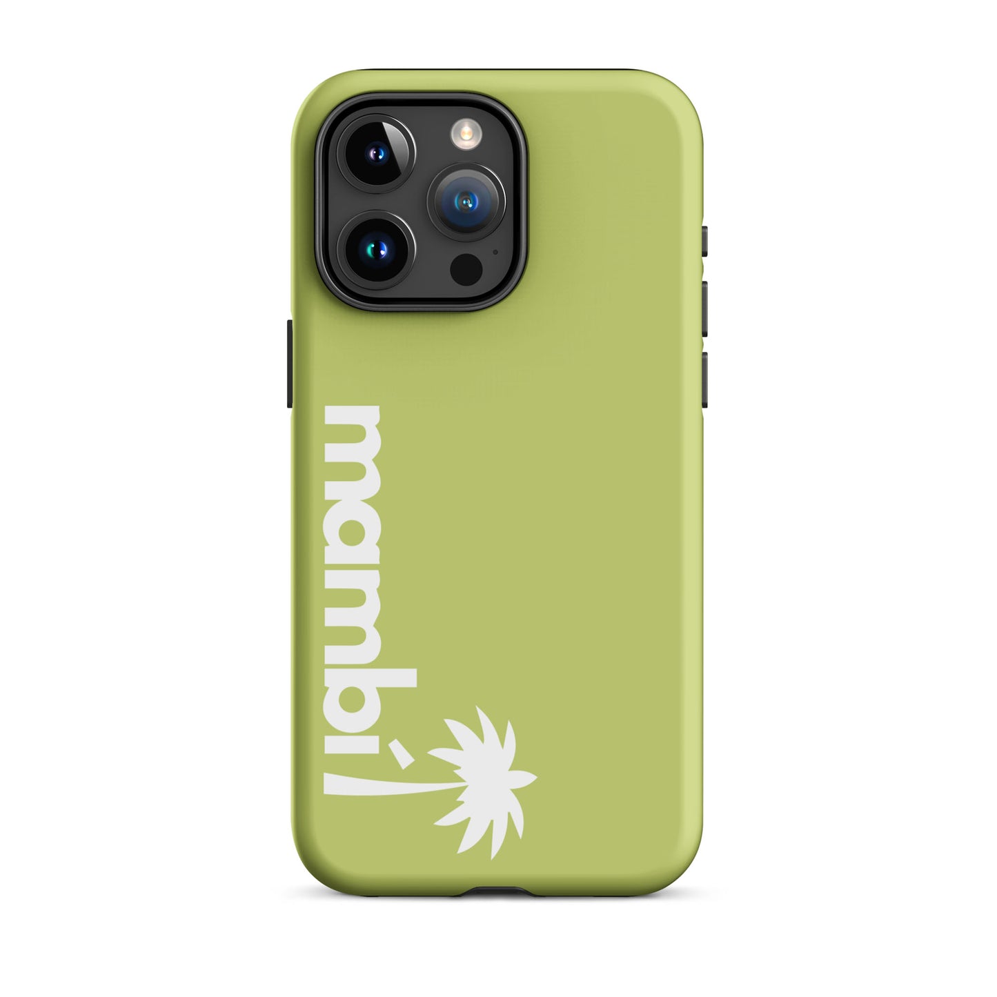 A Wild Willow dual-layer iPhone case with “mambi!” and a stylized white palm tree printed vertically on the back. Designed for shock absorption, it features camera lenses in the top left corner.
