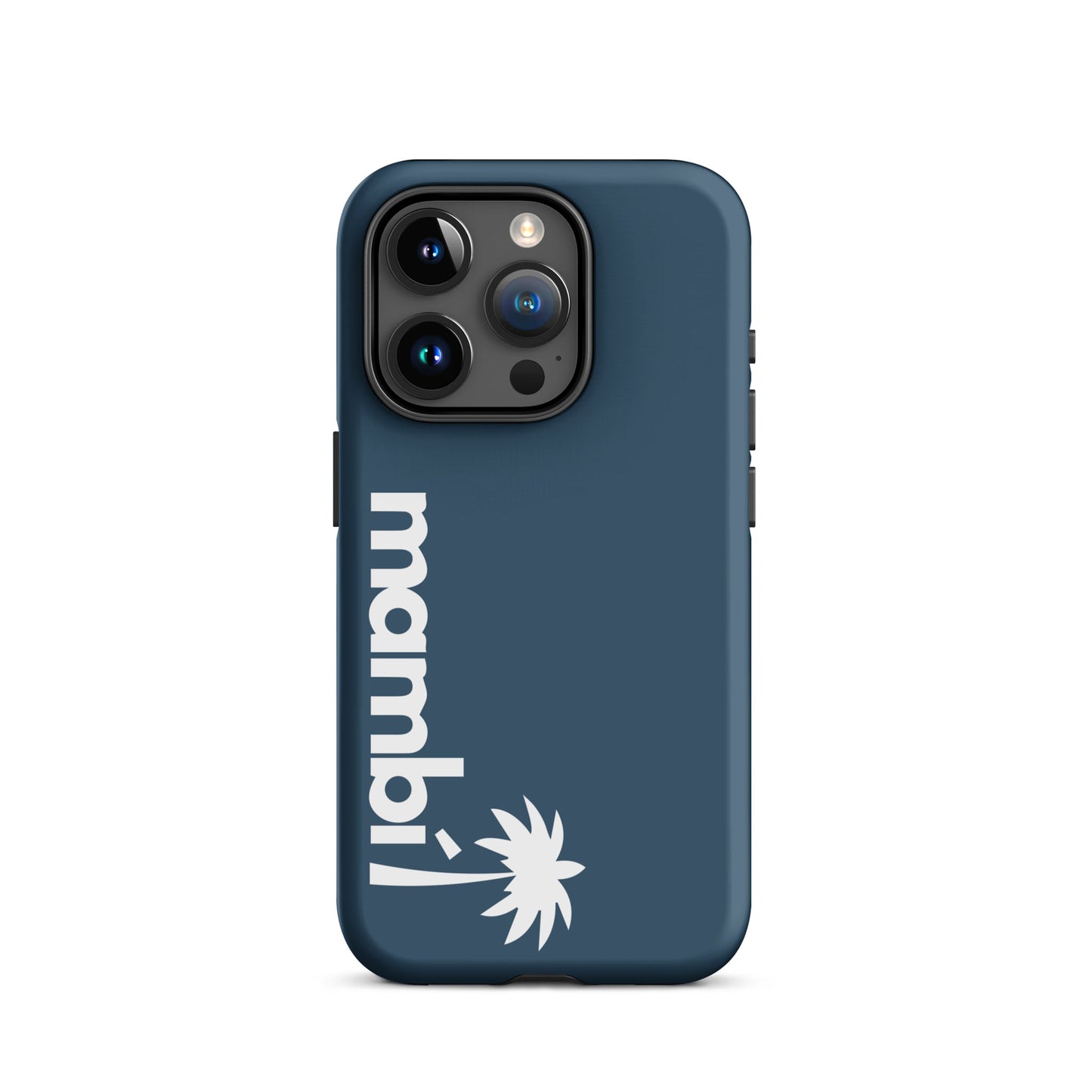 An Arapawa iPhone heavy-duty case displays “mambi!” in bold white vertical letters with a stylized white palm tree beneath the text.
