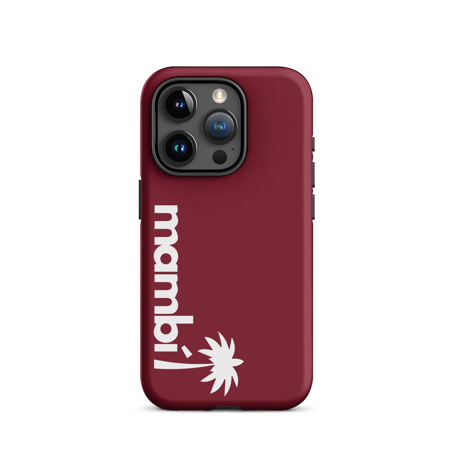 A burgundy heavy-duty iPhone case with “mambi!” and a white stylized palm tree printed vertically on the left side. Designed for triple camera phones, it delivers extra protection and shock absorption.