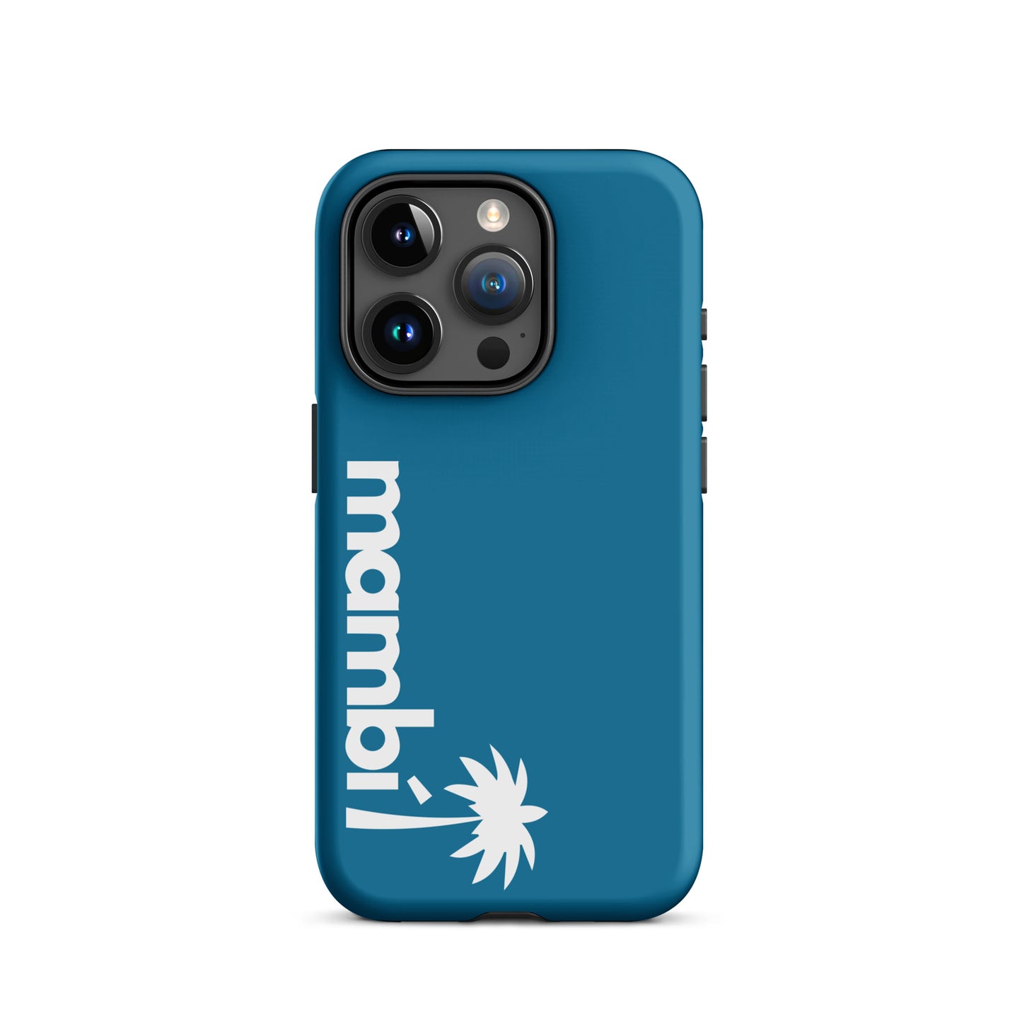A cerulean iPhone heavy-duty case with mambi! and a white palm tree graphic printed vertically on the left, featuring shock absorption and dual-layer protection.