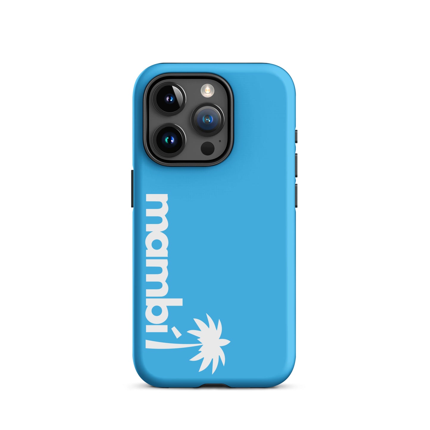 A Deep Sky Blue iPhone heavy-duty case with mambi in white, written vertically, and a white palm tree graphic below. Offers shock absorption to keep your device safe and stylish.