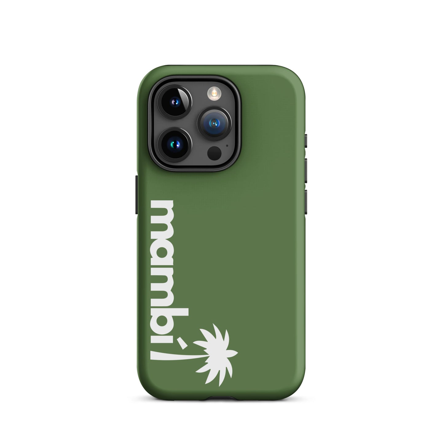 A Fern Green dual-layer iPhone case featuring mambi! printed vertically in white and a stylized white palm tree graphic below, combining standout style with dependable shock absorption.