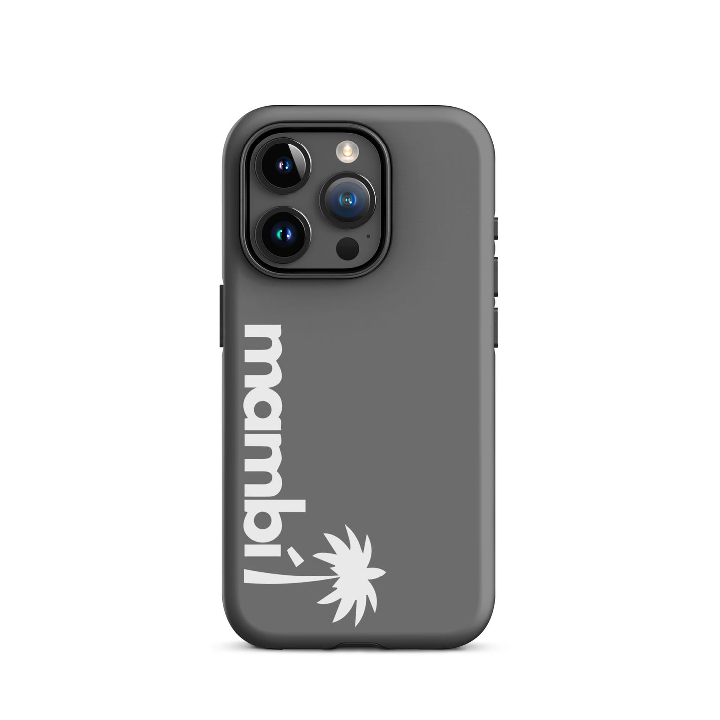 A grey dual-layer iPhone case with mambi! and a white palm tree graphic on the lower back. Designed for phones with three lenses, it provides extra shock absorption and heavy-duty protection.