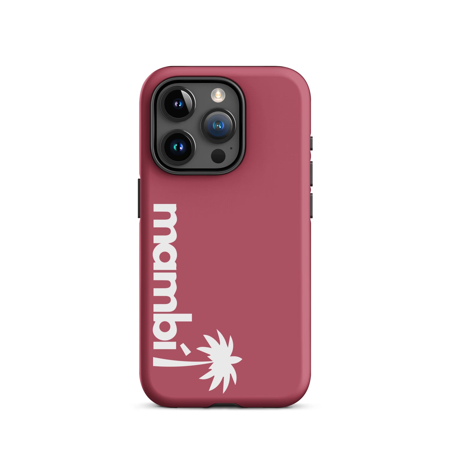 A hipster pink dual-layer phone case with mambi! in bold white text vertically and a stylized white palm tree below—designed for shock absorption and style.