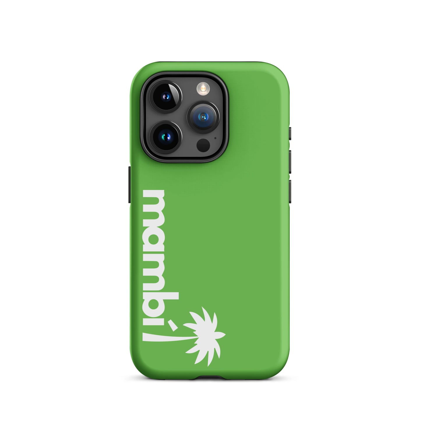 A Kelly Green iPhone heavy-duty case features mambi! printed vertically in white and a simple white palm tree near the bottom, offering dual-layer shock absorption for extra protection.
