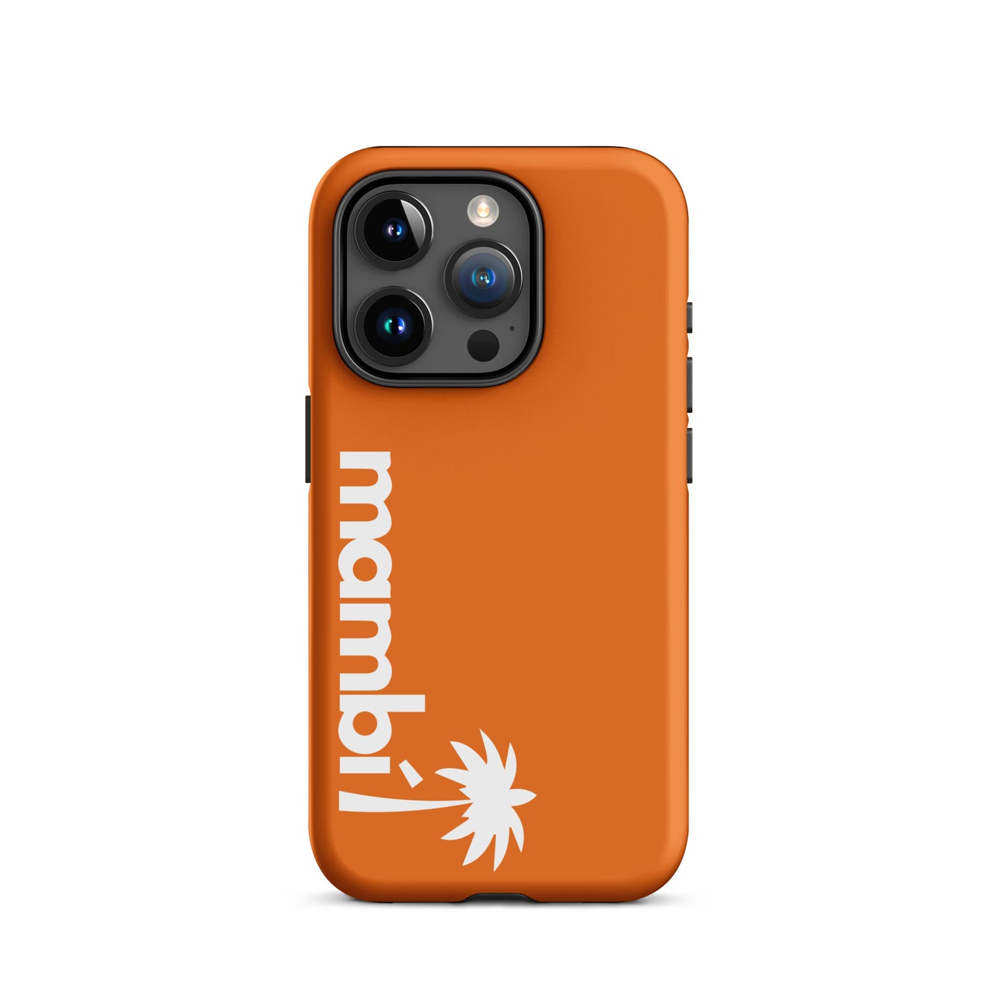 A Mango Tango dual-layer iPhone case with “mambi!” in bold white letters and a white palm tree design offers stylish protection and enhanced shock absorption.