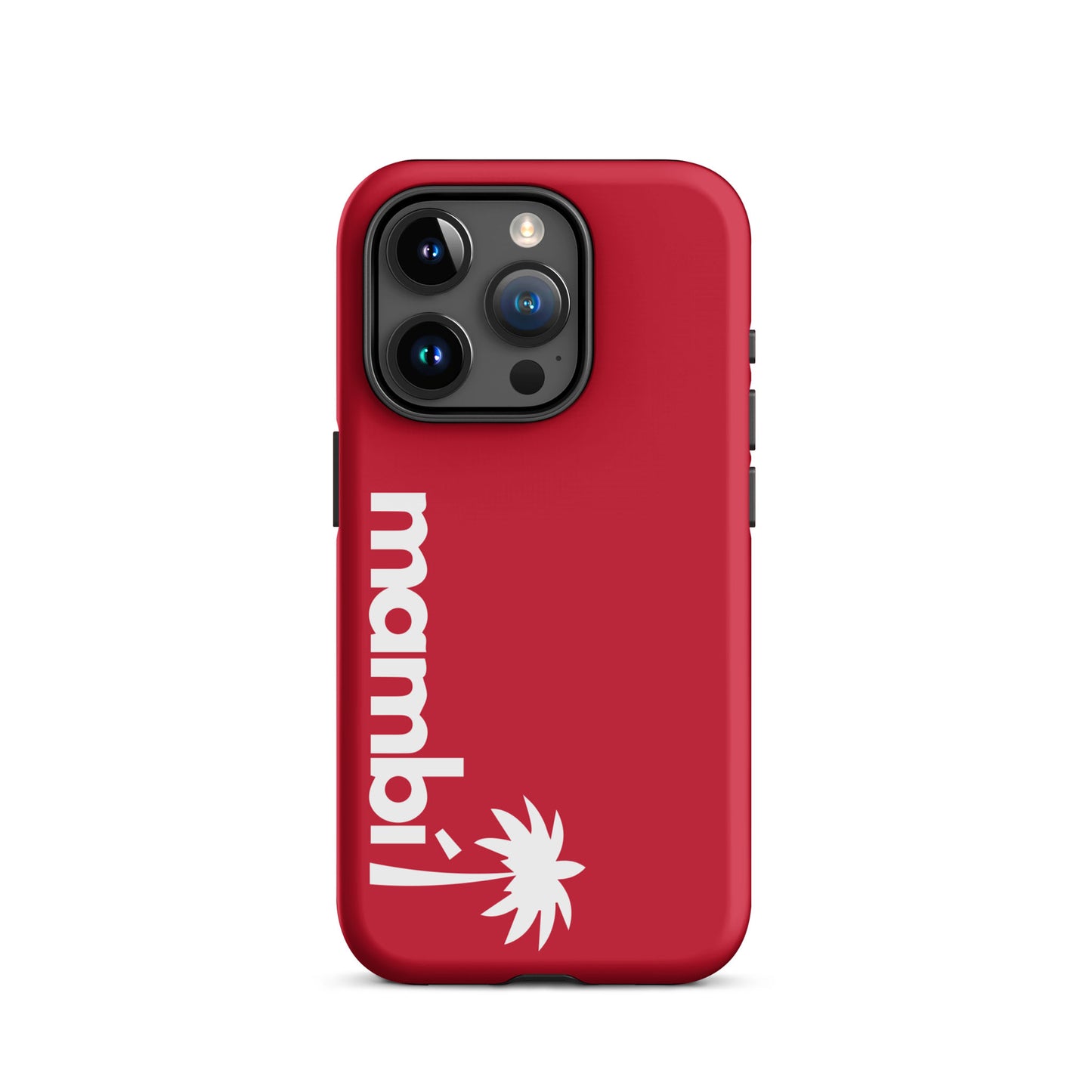 A red dual-layer case featuring white, upside-down ¡mambi! text and a palm tree graphic, offering stylish shock absorption for your device.