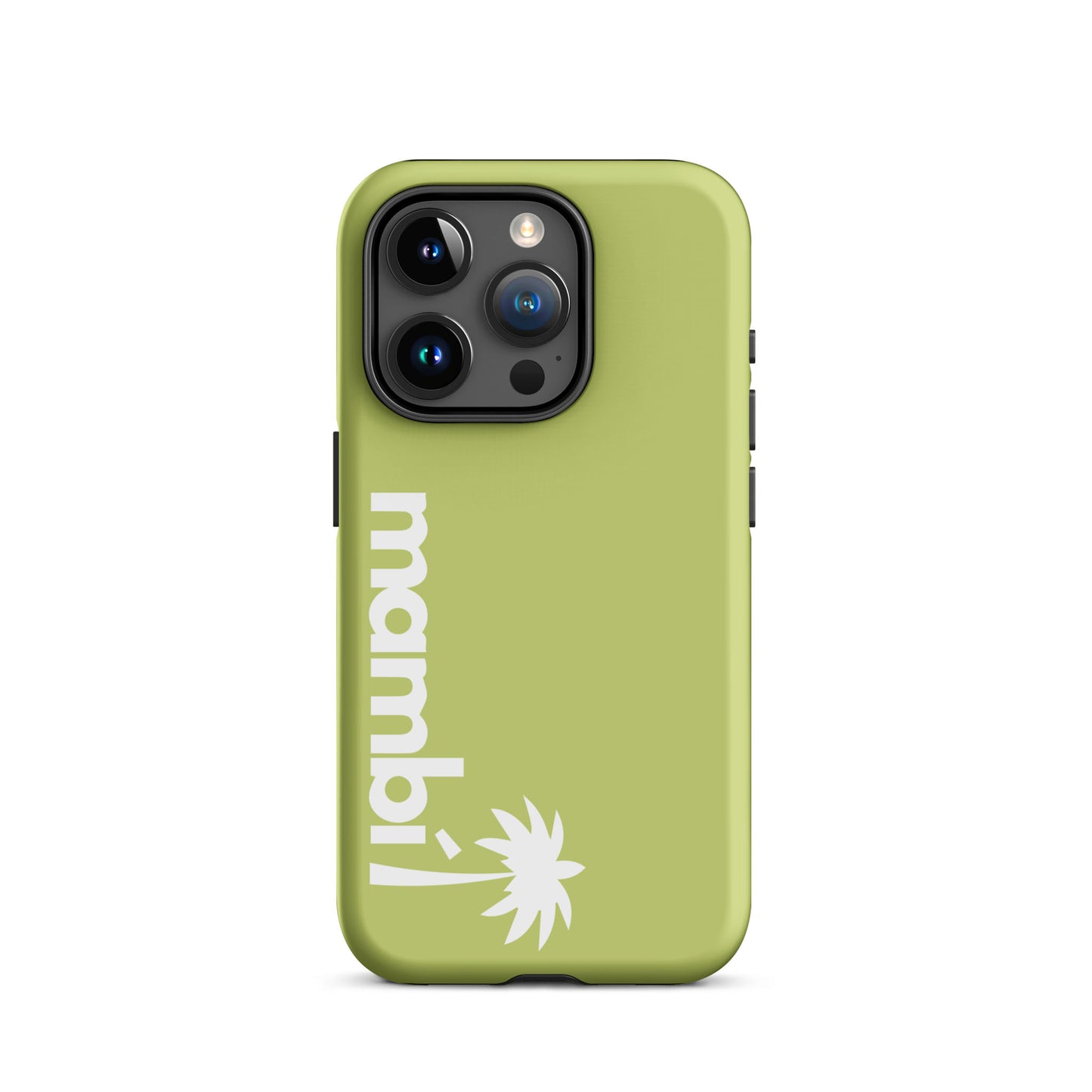 A Wild Willow dual-layer iPhone heavy-duty case with mambi! printed vertically in white and a stylized palm tree below, delivering style and shock absorption.
