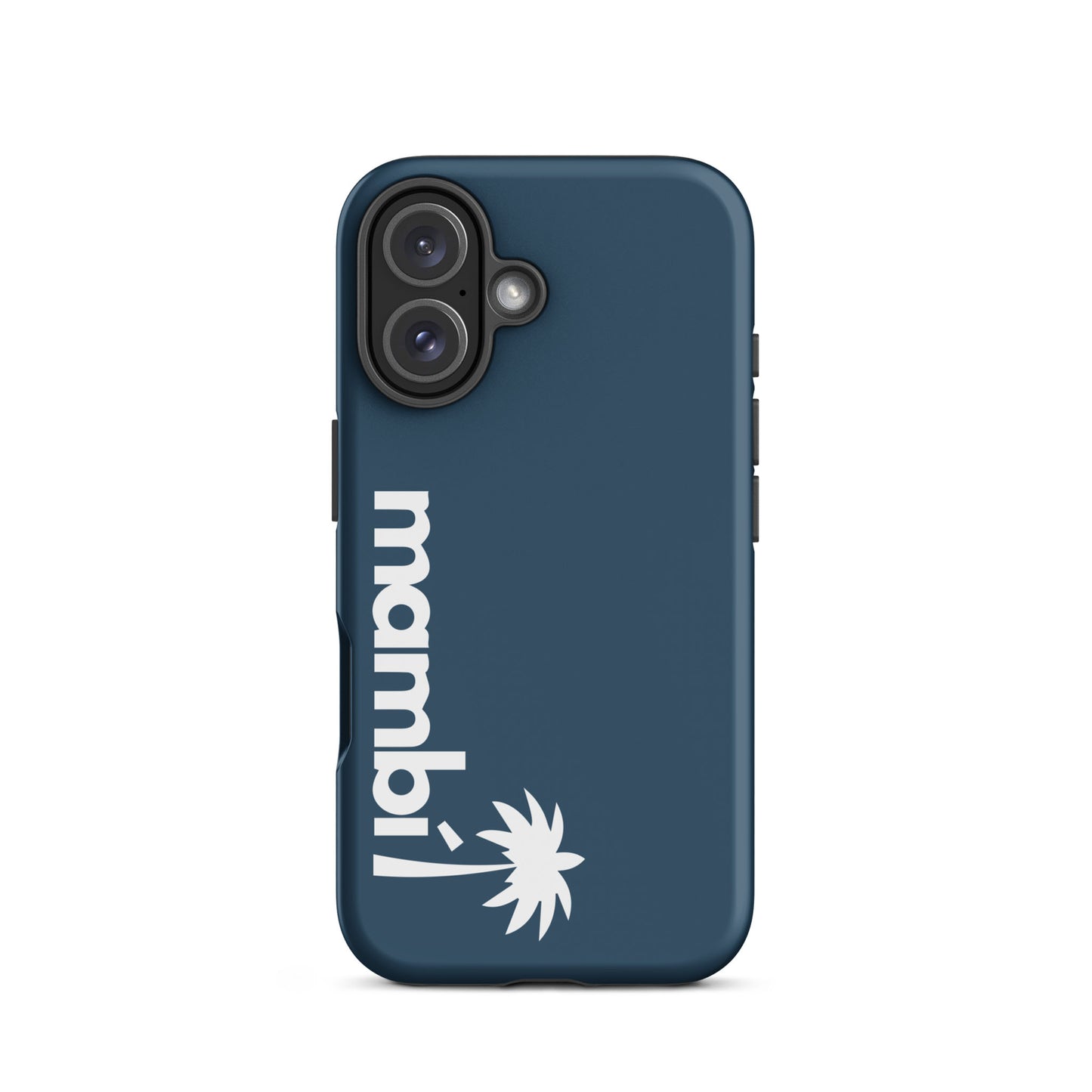 An Arapawa dual-layer case with mambi in bold white letters and a white palm tree graphic, both printed vertically on the left side, provides extra shock absorption and style for your smartphone.