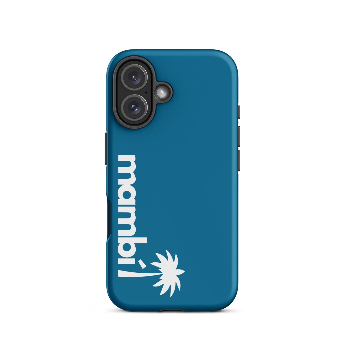 A cerulean dual-layer case with mambi and a white palm tree graphic printed vertically on the left side offers enhanced shock absorption for your smartphone.