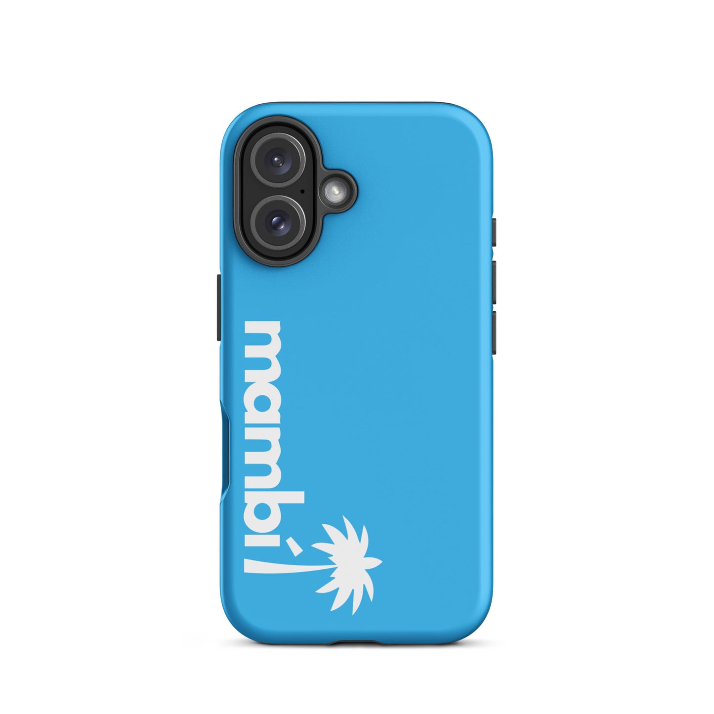 A Deep Sky Blue dual-layer iPhone case with mambi and a white stylized palm tree printed vertically on the side, combining stylish design and shock absorption.